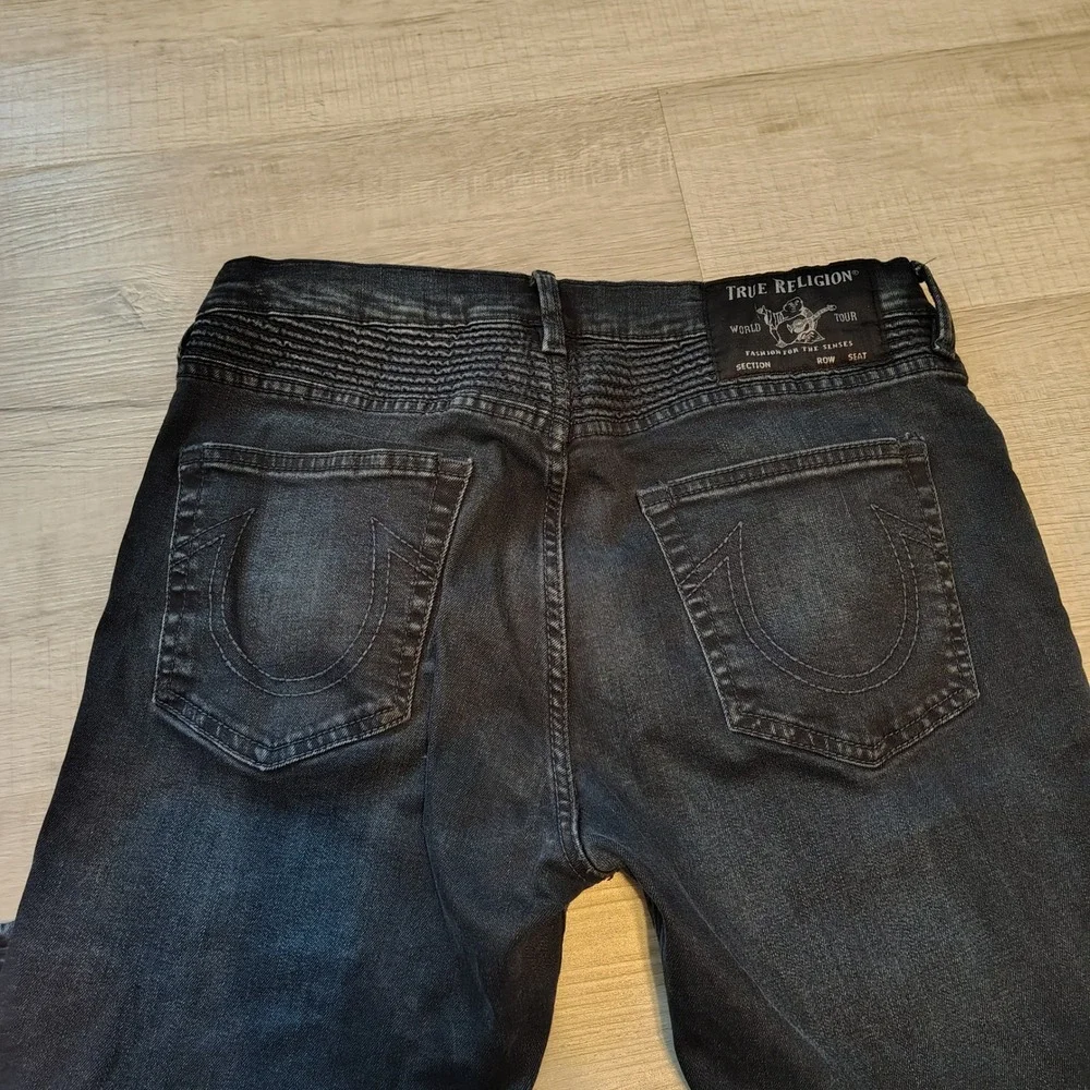 True Religion Rocco Relaxed Skinny Moto Jeans Black Ribbed Knee Mens 31